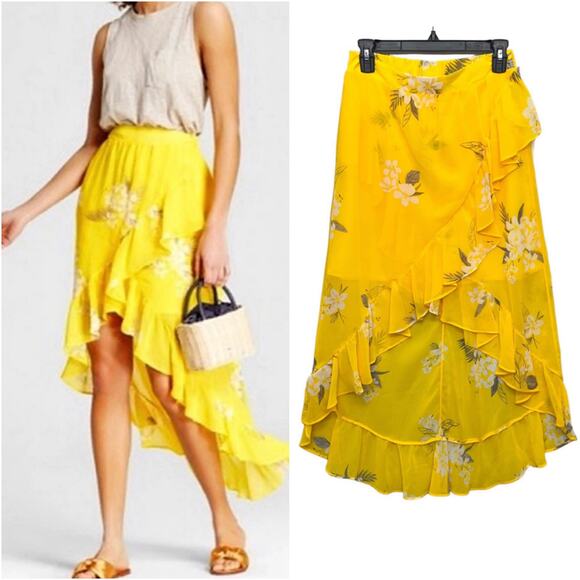 A NEW DAY Yellow Floral Asymmetrical High Low Ruffle Wrap Skirt Lined Women's S - Picture 10 of 11